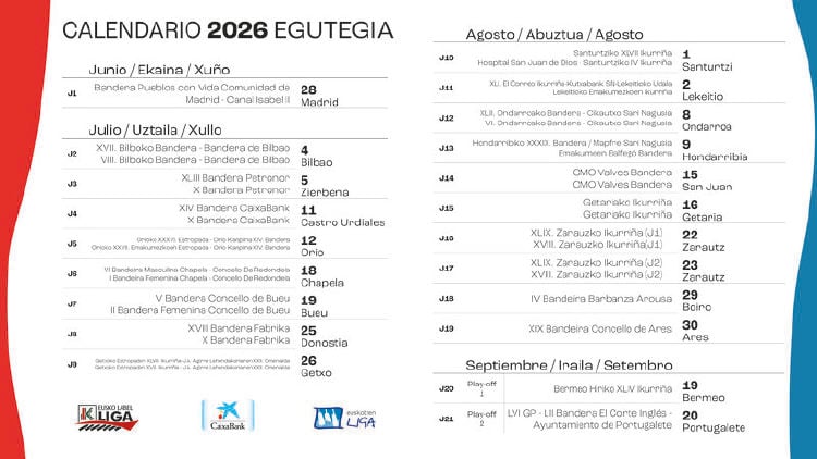 calendario traineras eusko label euskotren liga 2026 Calendario de las Ligas Eusko Label y Euskotren 2026